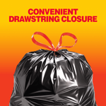 Bright gradient Husky graphic emphasizing a tied black trash bag and text promoting convenient drawstring closure