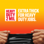 Pair of hands stretching black plastic with bold text "Heavy Duty 2 Mil" and message about extra thick material, Husky branding
