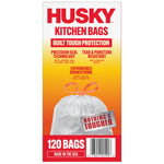 Rear panel of Husky kitchen bags box with product features, tied bag artwork and a 120 bags label and barcode
