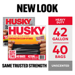 Husky packaging comparison graphic labeled "new look" showing the product box and a vertical panel reading 42 gallon / 40 bags