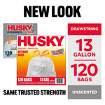 Graphic showing Husky new look comparison with old and new package artwork and callouts for 13 gallon, 120 bags