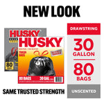 Graphic showing new look Husky packaging alongside previous box and size callout for 30 gallon, 80 bags