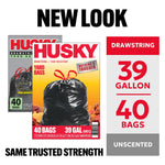Graphic showing Husky product packaging before and after 'new look' with 39 gallon, 40 bags callout and unscented label.