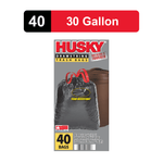 Husky package front graphic showing a black drawstring trash bag, brown can, and a 40 / 30 gallon label banner