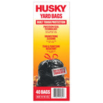 Tall narrow Husky package side panel listing features like precision seal, drawstring closure, and a black tied bag image.