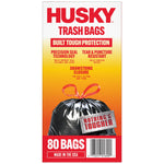 Tall Husky product panel listing built tough protection features with tied black trash bag and barcode