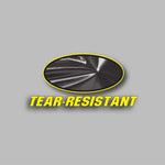 Tear-resistant emblem with a glossy black plastic texture inside an oval and bold yellow "TEAR-RESISTANT" text