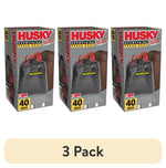 Three Husky drawstring trash bag boxes with red handles and a brown trash can graphic, labeled 40 bags