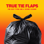 Close-up of a tied black trash bag on orange gradient background with headline "True Tie Flaps" and Husky branding