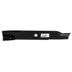 Black mower blade with star-shaped center hole and barcode sticker on white background