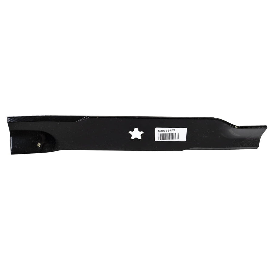 Black mower blade with star-shaped center hole and barcode sticker on white background