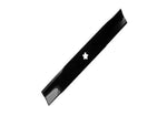 Black straight mower blade with star-shaped center mounting hole and beveled cutting edges