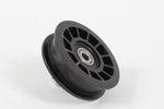 Angled view of a black plastic idler pulley showing inner bearing and V-groove on a white background