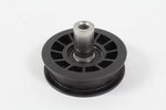 Close-up of a black idler pulley with metal shaft and ventilated spoke design on a white background