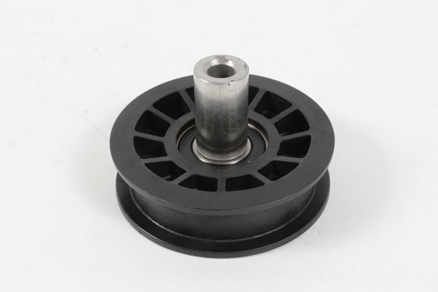 Close-up of a black idler pulley with metal shaft and ventilated spoke design on a white background