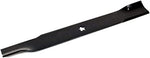 Close-up of a black metal lawn mower blade with a star-shaped center hole on white background.