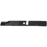 Full-length black mower blade with star-shaped center hole and a small white sticker, shown on white background.