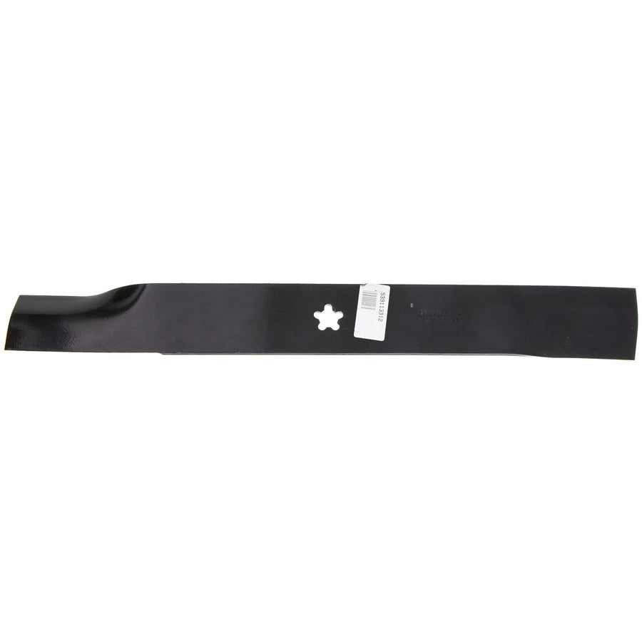 Full-length black mower blade with star-shaped center hole and a small white sticker, shown on white background.