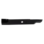 Black lawn mower blade showing star-shaped center mount and stamped part numbers on white background