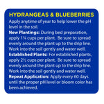 Blue instruction panel titled Hydrangeas & Blueberries with application guidance and repeat application timing.