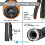 Four-panel infographic of HydroTech front trigger nozzle highlighting all-purpose sprayer, flow control, grip and metal construction