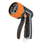 Close-up of an orange-and-black HydroTech heavy-duty front trigger hose nozzle head and handle