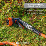 HydroTech heavy-duty front trigger nozzle lying on grass connected to a hose with callout about metal construction