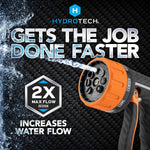 Promotional graphic showing HydroTech nozzle spraying water with text emphasizing increased flow and 2X max flow design