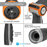 Four-panel product detail layout showing HydroTech nozzle front, thumb control, non-slip grip and threaded connector