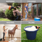 Four lifestyle photos in a grid showing HydroTech nozzle used for watering, cleaning, washing and filling tasks