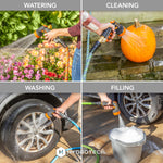 Four-scene collage showing HydroTech nozzle being used for watering, cleaning, washing and filling in outdoor settings