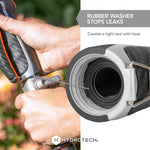 Close-up showing HydroTech nozzle hose connection with visible rubber washer and hand holding the trigger for leak prevention callout