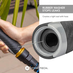 Close detail of HydroTech nozzle threaded connector and inset rubber washer with text about stopping leaks