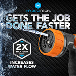 HydroTech branded promotional graphic showing nozzle head spraying water with text highlighting increased flow