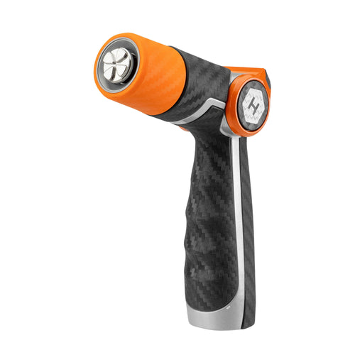 Close-up studio shot of an orange and black HydroTech heavy-duty twist spray nozzle handle with textured grip