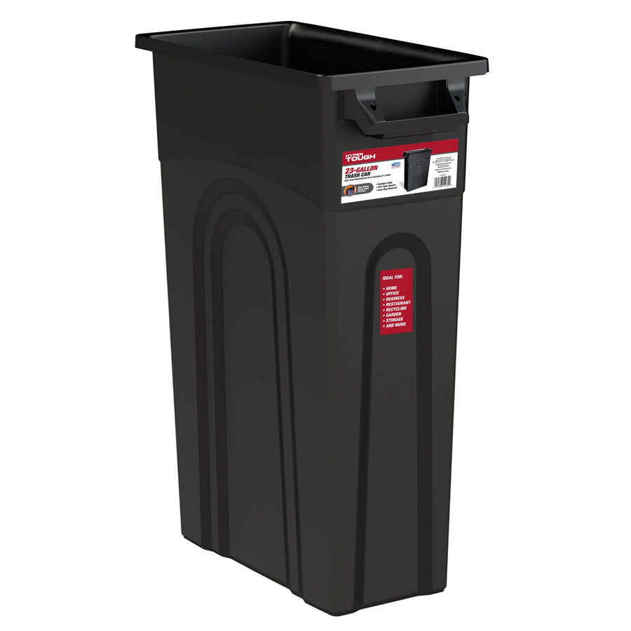 Hyper Tough tall rectangular black highboy trash can with molded handles and front product label