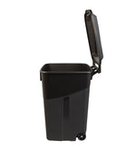 Side profile of a black Hyper Tough wheeled bin with the lid open, showing interior rim and wheel at base.