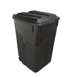 Three-quarter view of a black Hyper Tough wheeled garbage can showing the molded lid and side contours.