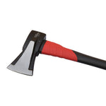 Close-up of Hyper Tough axe head and red textured grip showing steel blade and painted head detail