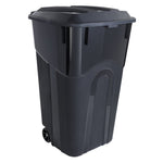 Black wheeled plastic outdoor trash can with attached hinged lid, shown at a three-quarter angle.