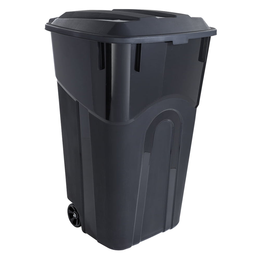 Black wheeled plastic outdoor trash can with attached hinged lid, shown at a three-quarter angle.