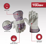Product feature graphic showing glacier-gray leather-palm work gloves with callouts and Hyper Tough logo