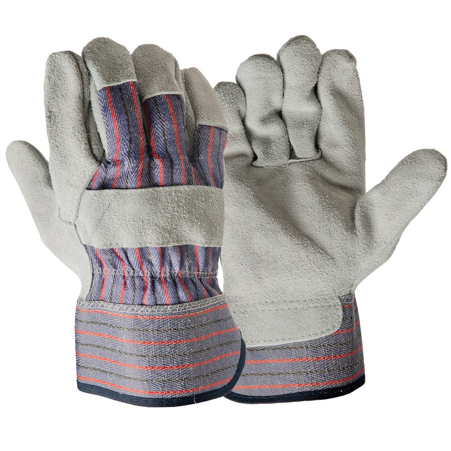 Pair of glacier-gray leather-palm work gloves with striped fabric backs and reinforced cuffs