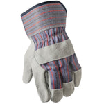 Single glacier-gray leather-palm work glove with striped fabric back and reinforced knuckle strap, angled view