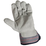 Flat-laid glacier-gray leather-palm work glove showing palm surface and striped fabric cuff detail