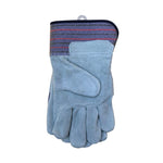 Stacked pair of glacier-gray leather-palm work gloves with striped fabric cuff and hanging loop on white background