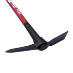 Detail view of Hyper Tough pick mattock showing black cast head and red shaft on a white background