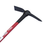Close-up of Hyper Tough mattock head and upper red fiberglass shaft showing dual steel pick and adze blades