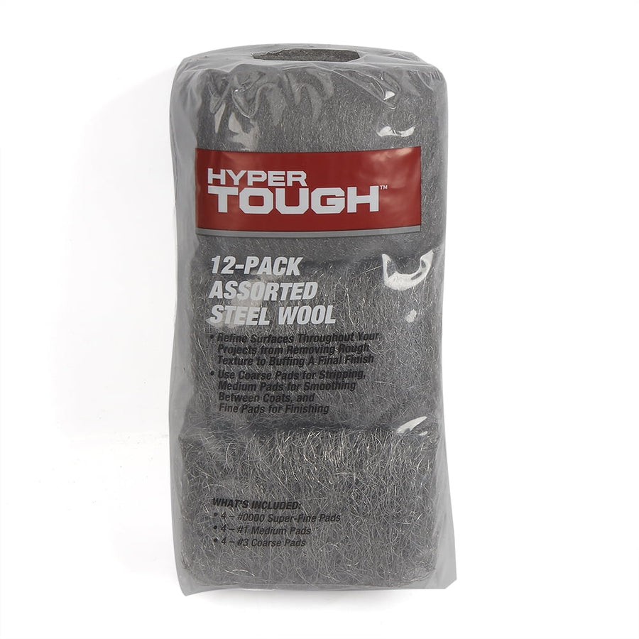 Packaged Hyper Tough branded gray steel wool pads in clear plastic with product label visible