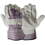 Two glacier-gray leather-palm work gloves overlapped to show palm and back with striped fabric cuffs